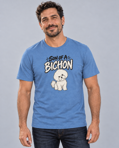 Dave wearing Son of a Bichon Everyday T in Heather Columbia Blue