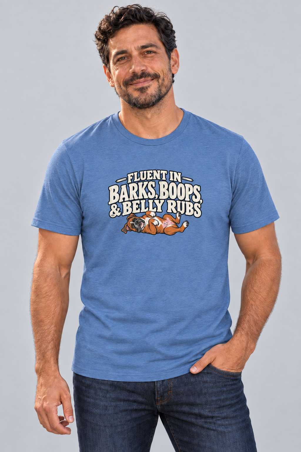 Dave wearing Trilingual Everyday T in Heather Columbia Blue
