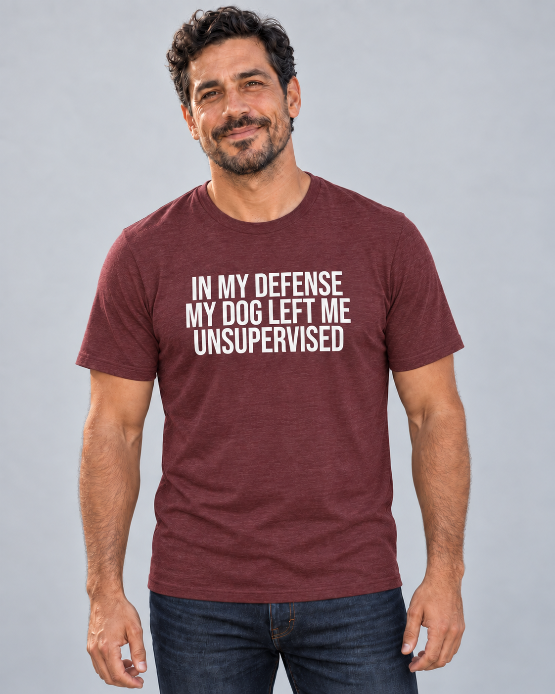 Dave wearing Unsupervised Everyday T in Heather Cardinal