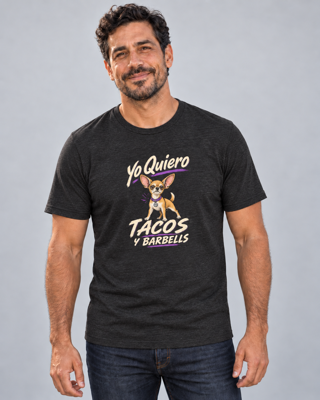 Dave wearing Yo Quiero Tacos y Barbells Everyday T in Black Heather
