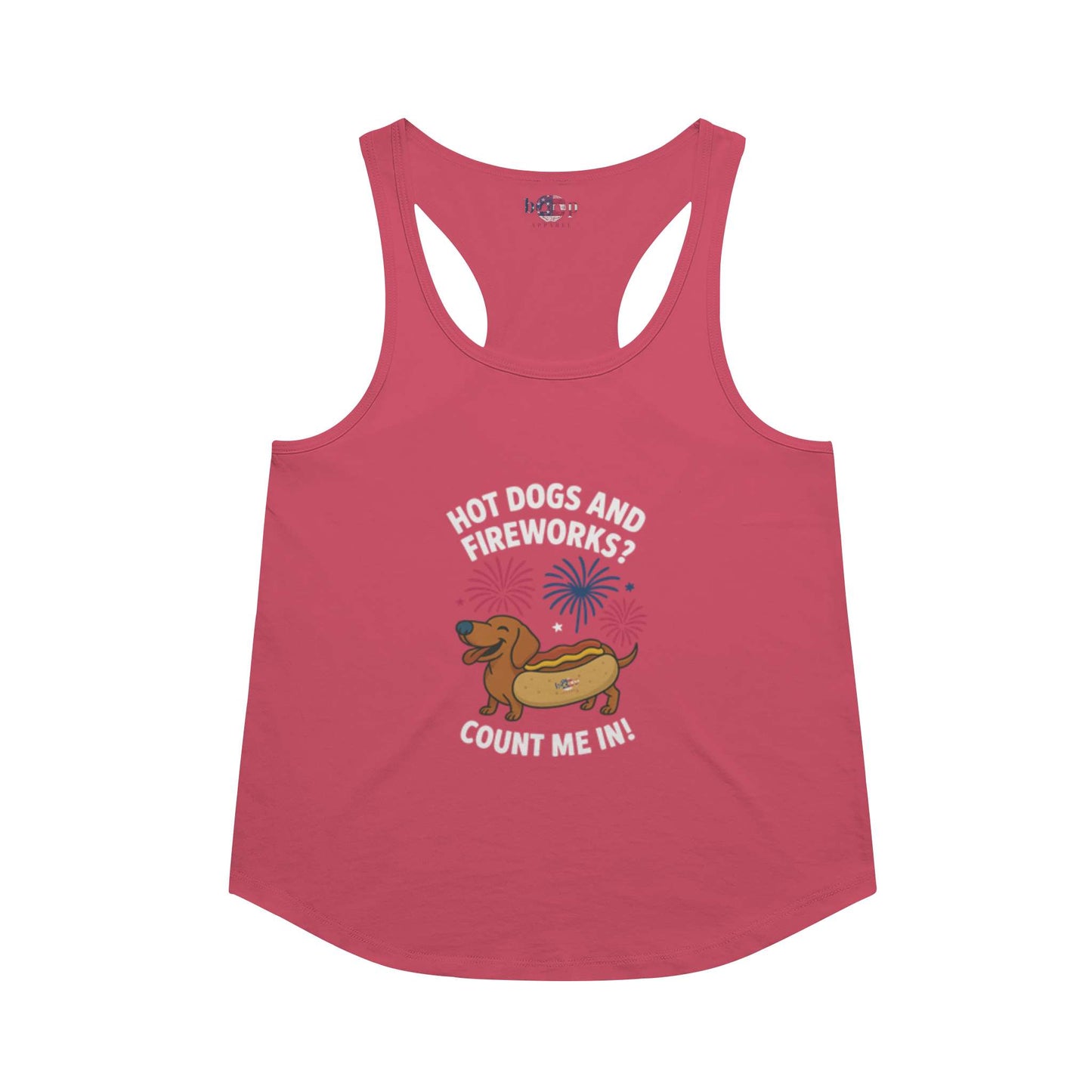 Funny dog owner t-shirt with sarcastic humor -Hot Dogs and Fireworks - Racerback Tank
