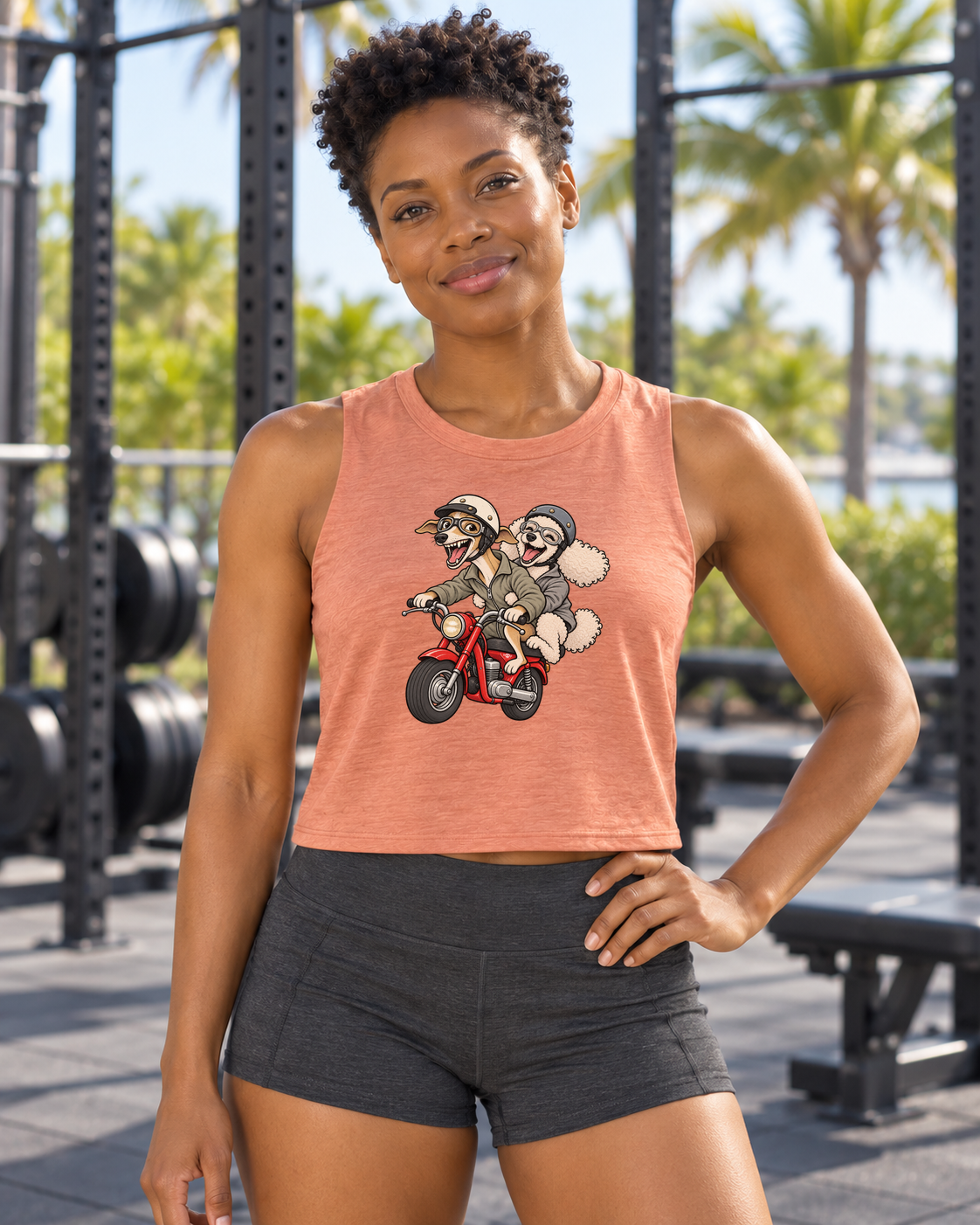 Dog and Dogger crop tank — Brandy front lifestyle in Heather Sunset