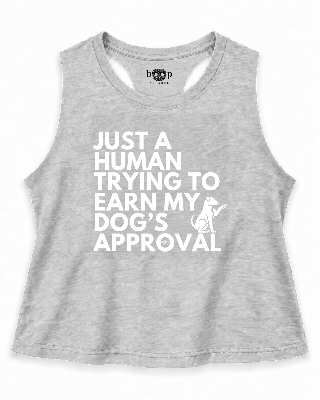 Dog's Approval crop tank in athletic heather, exact inside neck print