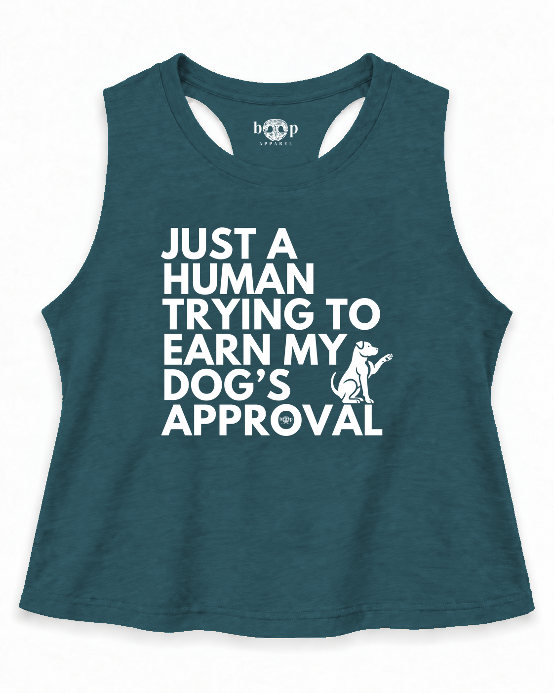 Dog's Approval crop tank in deep teal, exact inside neck print