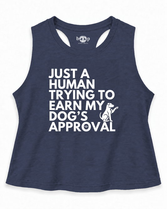 Dog's Approval crop tank in heather navy, raw armholes and exact inside neck print