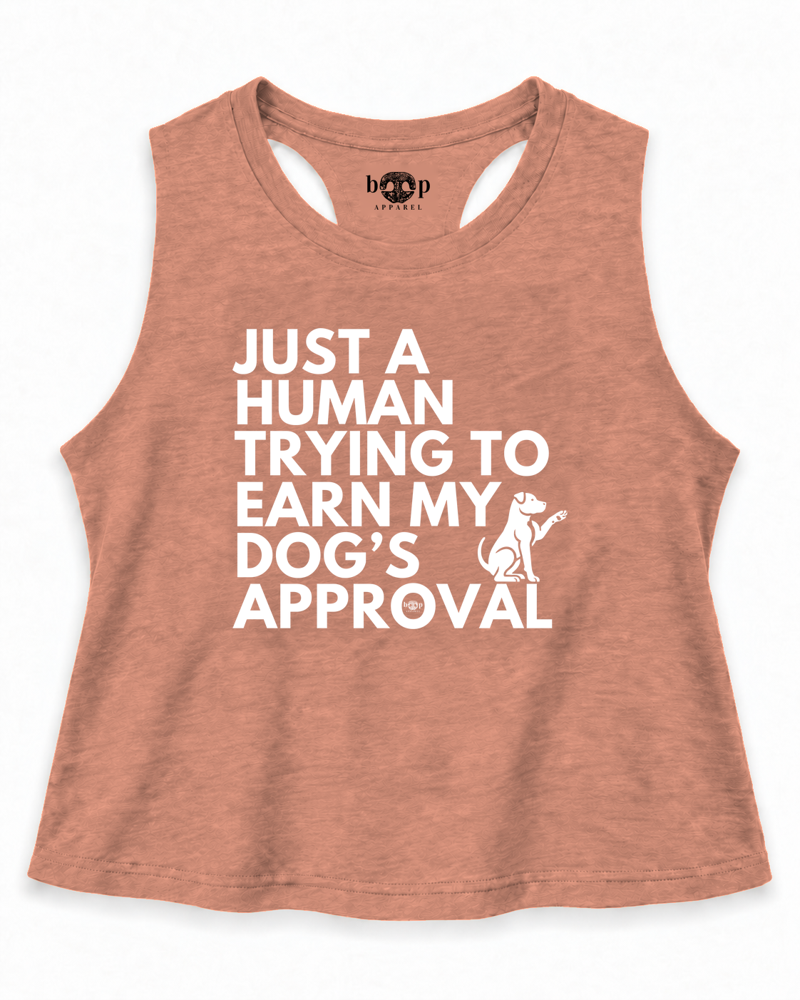 Dog's Approval crop tank in sunset, exact inside neck print