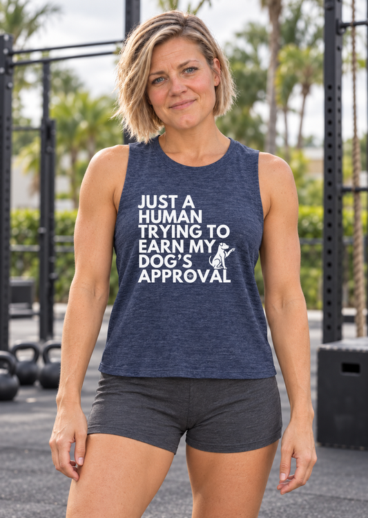 Cindy wearing Dog's Approval heather navy crop tank, front at outdoor gym