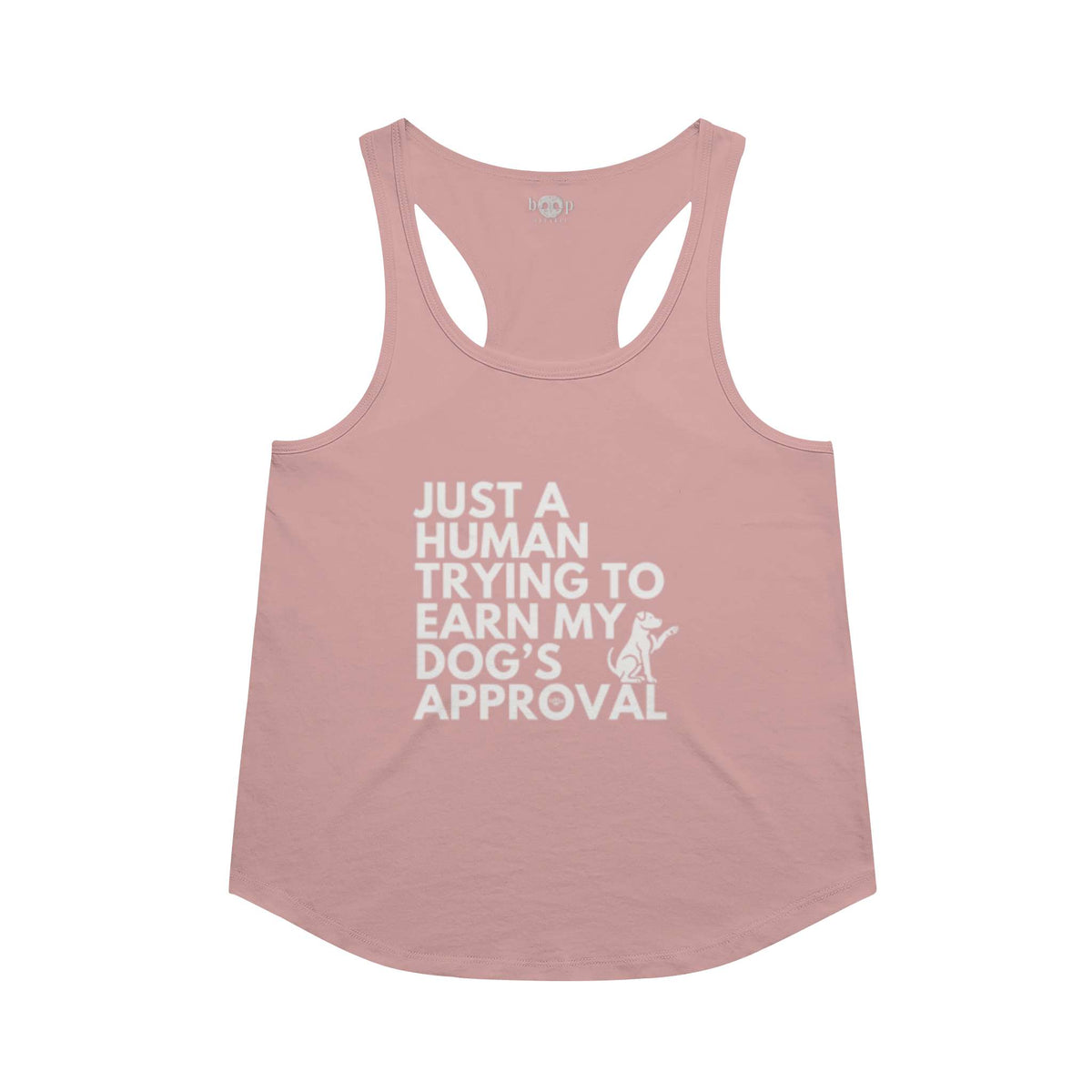 Dog's Approval racerback tank in Desert Pink