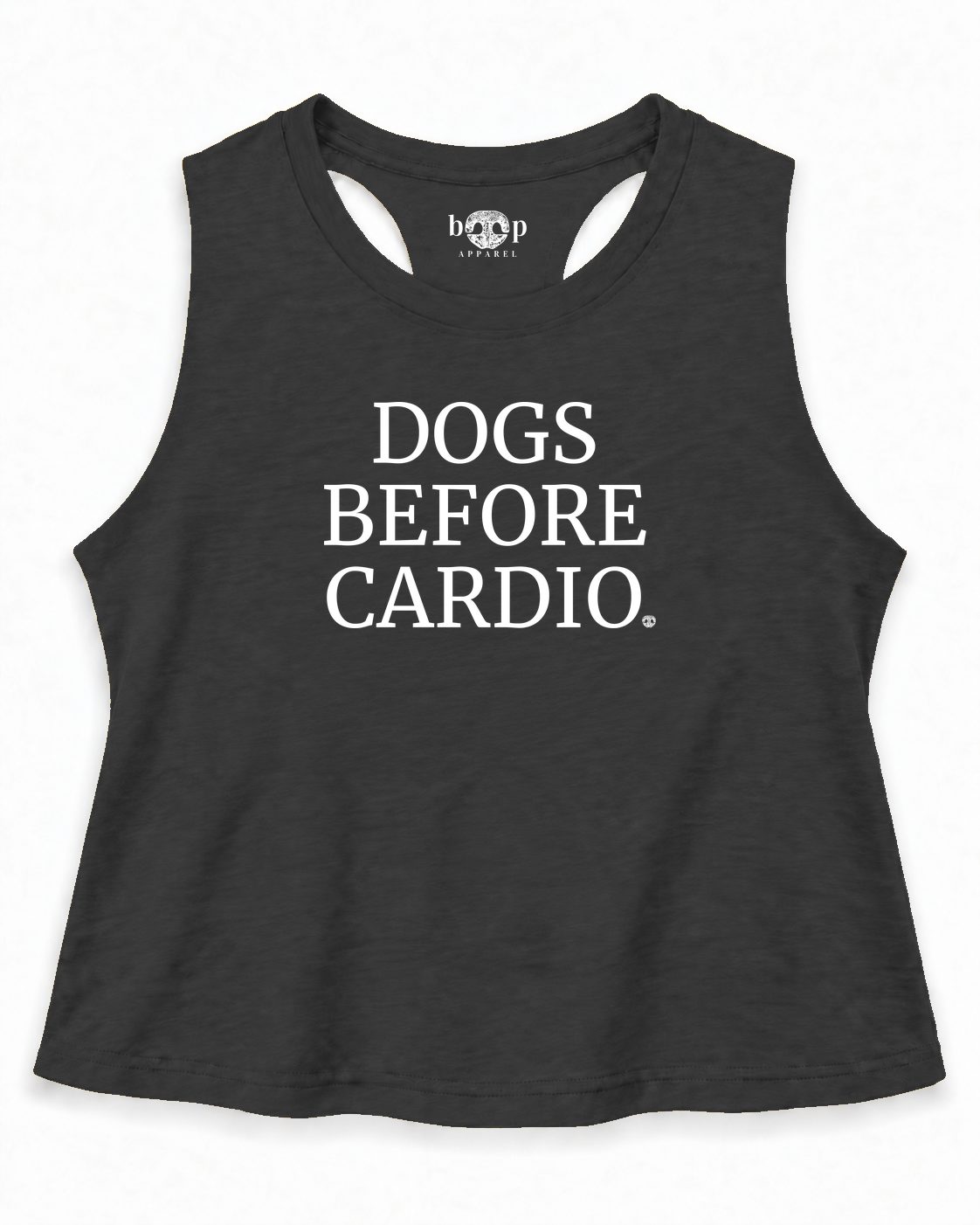 Dogs Before Cardio crop tank Dark Grey Heather approved mockup