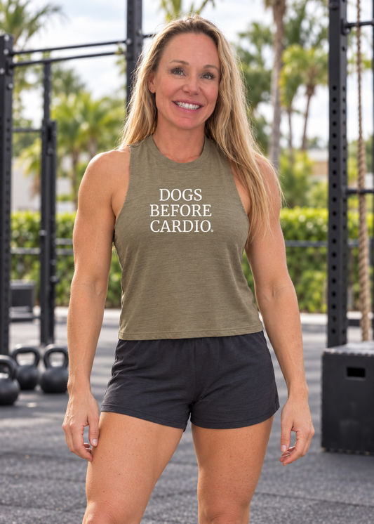 Dogs Before Cardio crop tank Meg front approved mockup