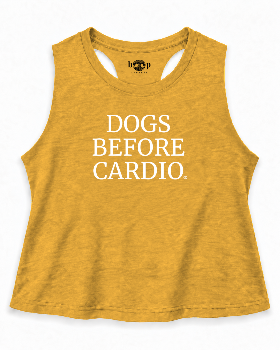 Dogs Before Cardio crop tank Mustard approved mockup