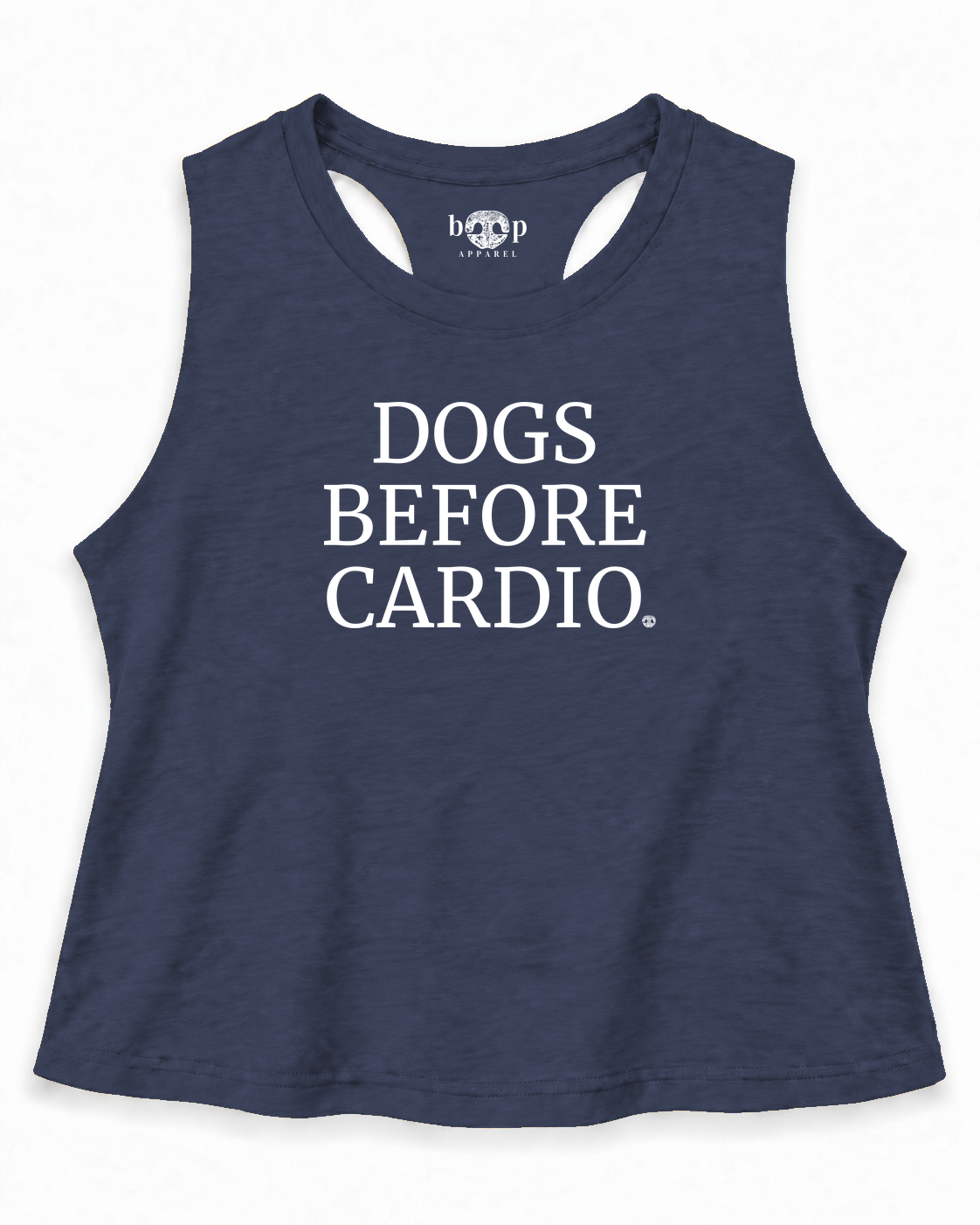 Dogs Before Cardio crop tank Navy approved mockup