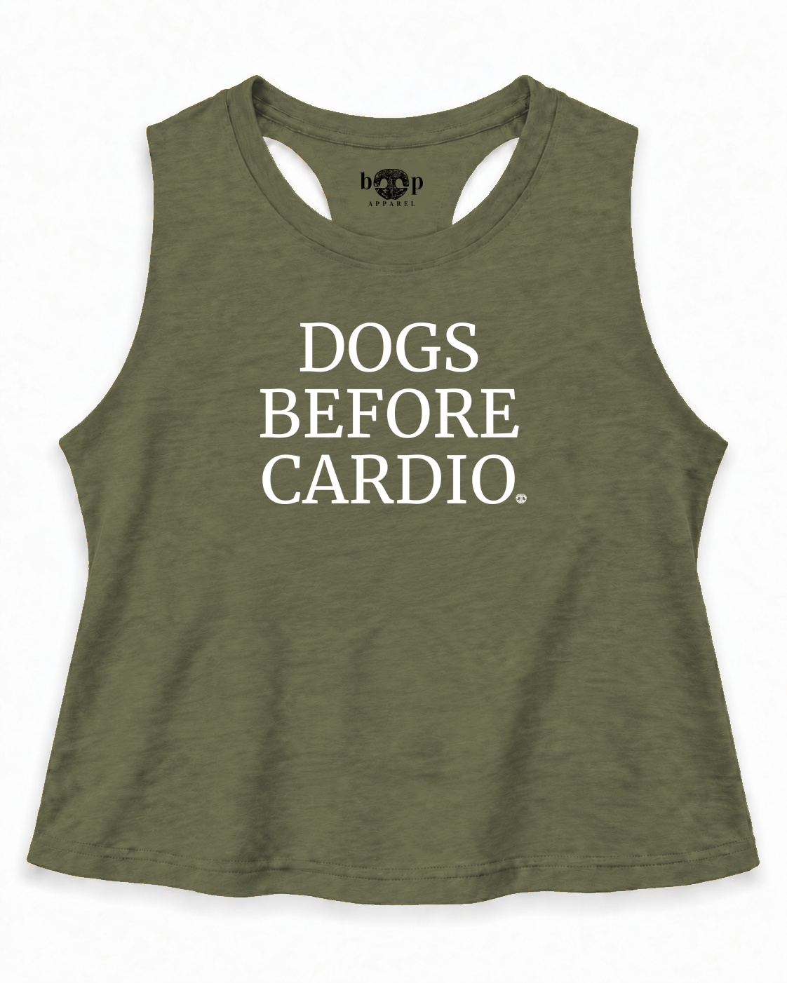 Dogs Before Cardio crop tank Olive approved mockup