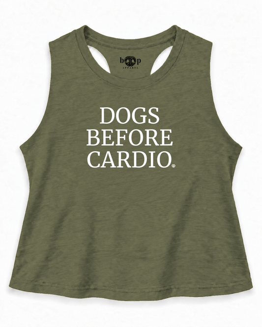 Dogs Before Cardio crop tank Olive approved mockup