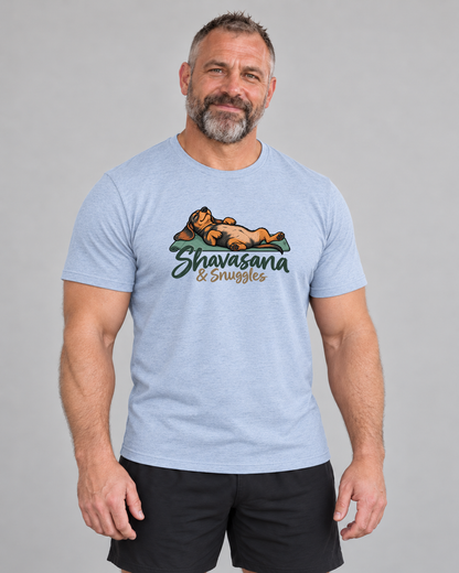 Ed wearing Shavasana and Snuggles Everyday T in Heather Blue