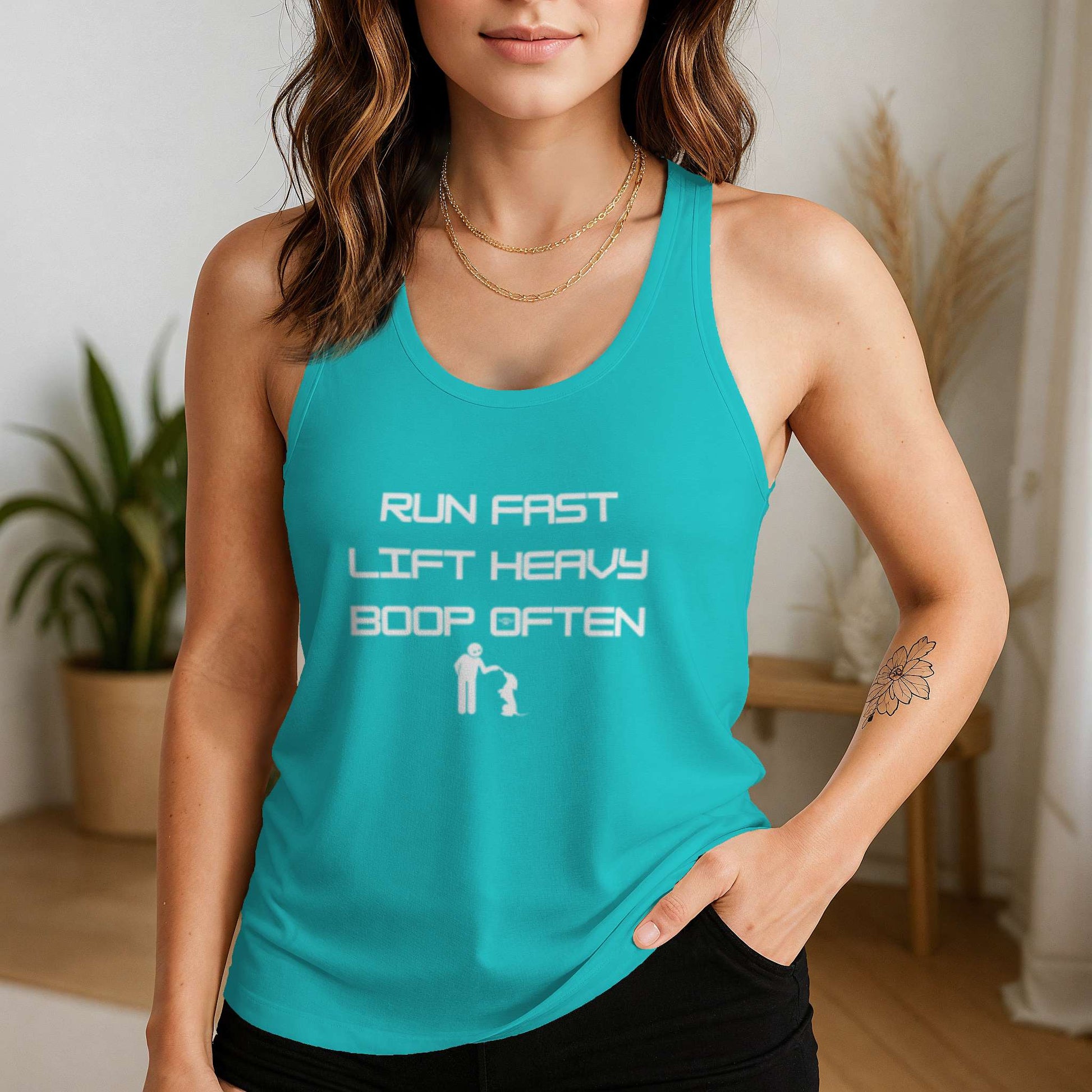 Funny dog owner t-shirt with sarcastic humor -Run Fast. Lift Heavy. Boop Often. - Racerback Tank