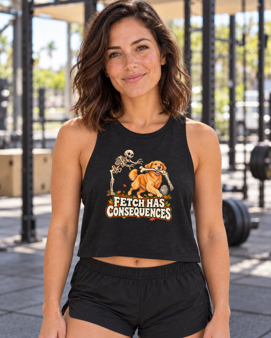 Fetch Has Consequences crop tank — Amy front