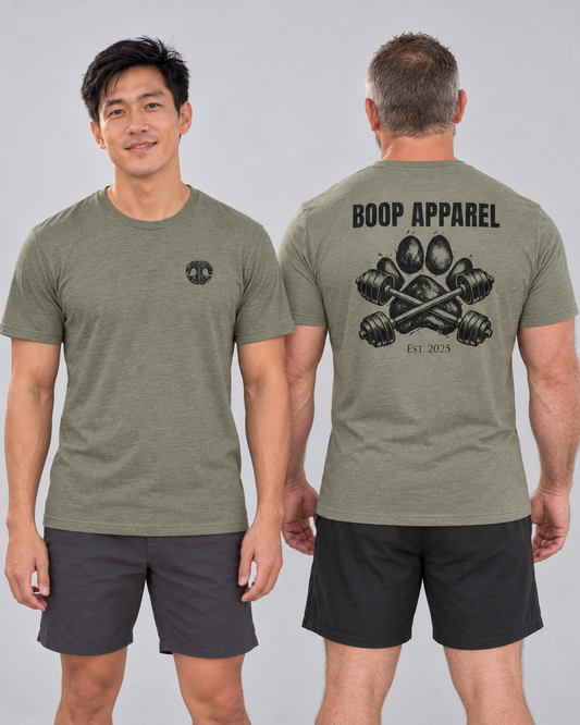 Finn showing the front and Ed showing the back of Iron Paw Black Everyday T in Heather Olive