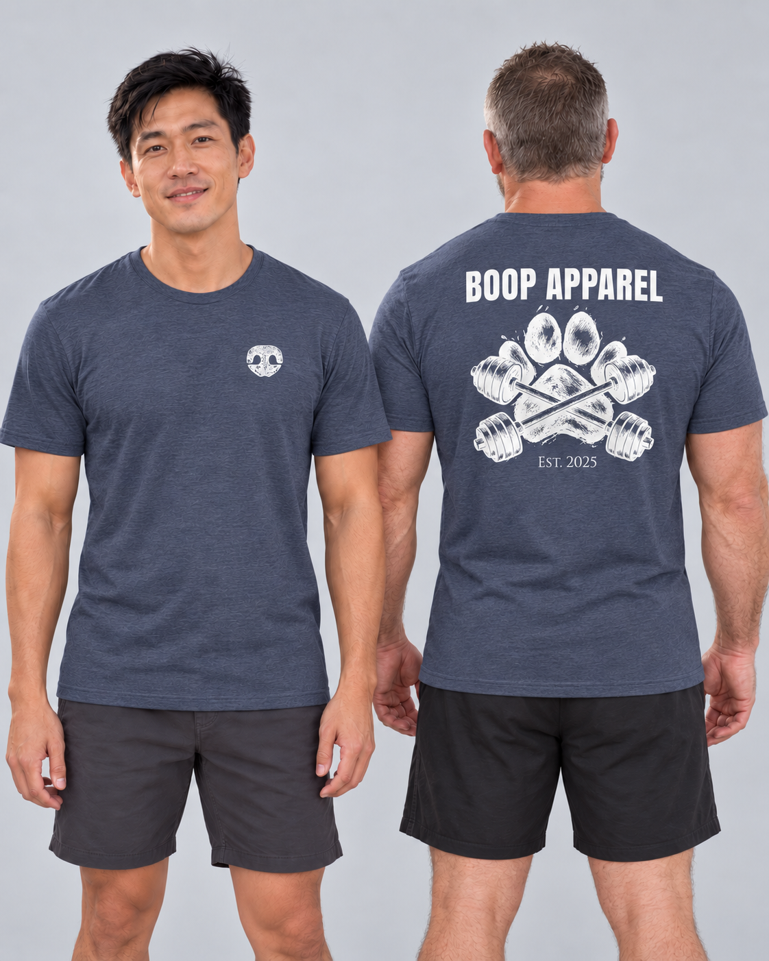 Finn shows the front chest logo and Ed shows the back of the Iron Paw White Everyday T in Heather Navy.