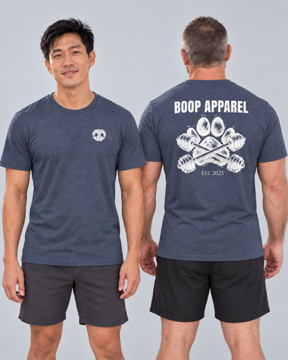 Finn shows the front chest logo and Ed shows the back of the Iron Paw White Everyday T in Heather Navy.