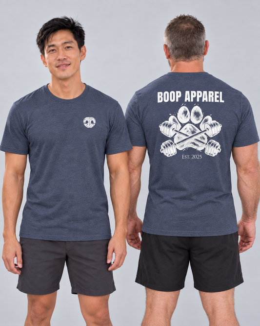 Finn shows the front chest logo and Ed shows the back of the Iron Paw White Everyday T in Heather Navy.