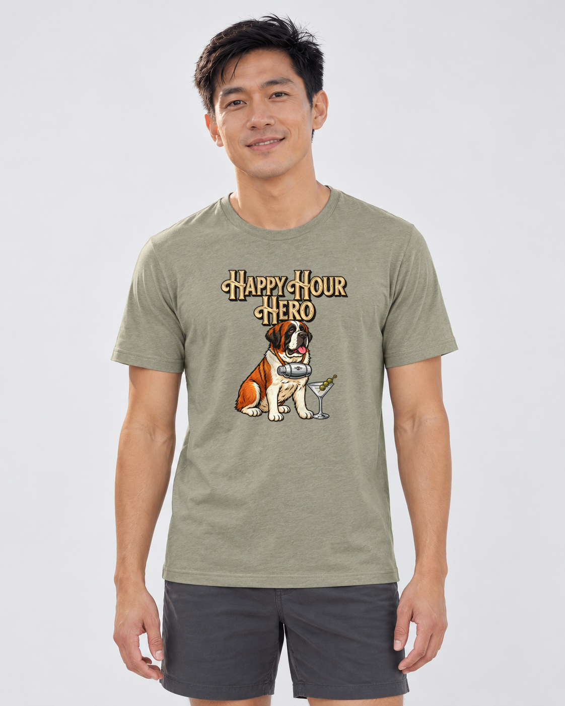 Finn wearing Happy Hour Hero Everyday T in Heather Olive