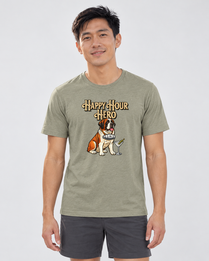 Finn wearing Happy Hour Hero Everyday T in Heather Olive