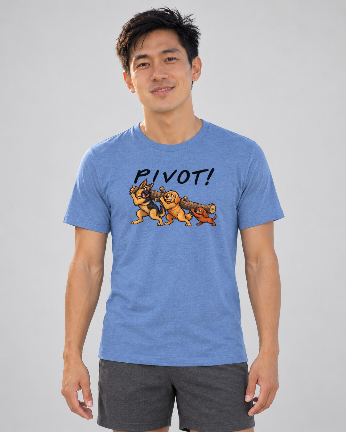 Finn wearing Pivot Everyday T in Heather Columbia Blue