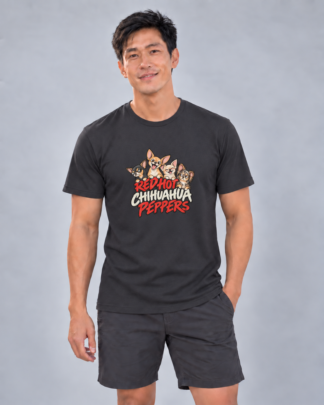 Finn wearing Red Hot Chihuahua Peppers Everyday T in Dark Grey Heather