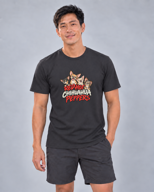 Finn wearing Red Hot Chihuahua Peppers Everyday T in Dark Grey Heather
