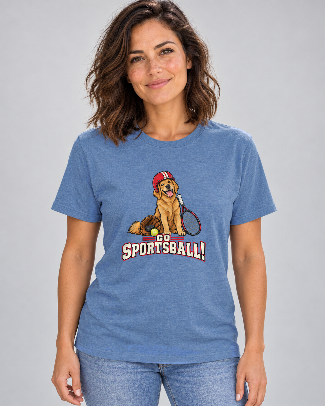 Amy modeling Go Sportsball Everyday T in Heather Columbia Blue