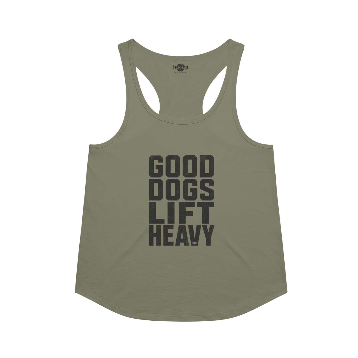 Good Dogs Lift Heavy racerback tank in military green