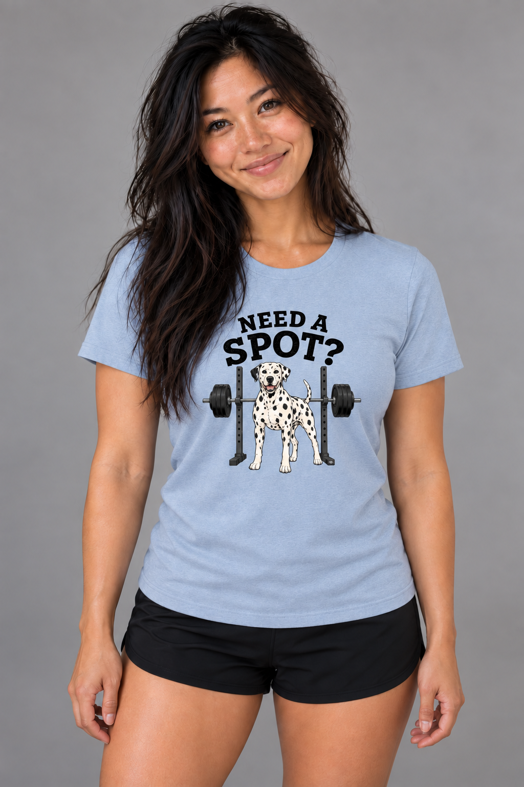 Grace wearing Need a Spot Everyday T in Heather Blue