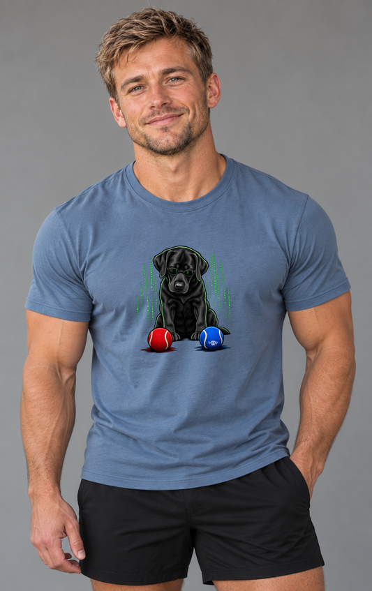 Hank wearing Down the Rabbit Hole Everyday T in Heather Blue