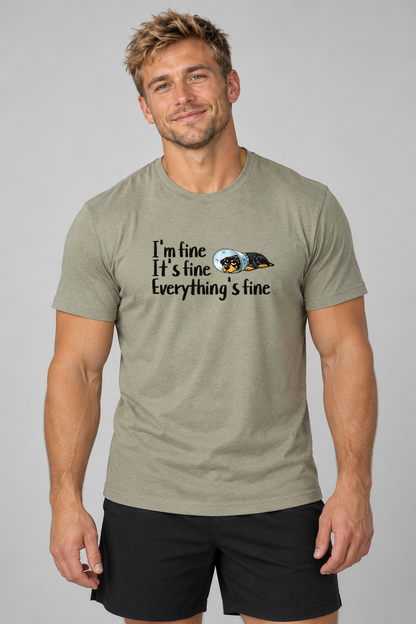 Hank wearing the Everything's Fine Everyday T in Heather Olive, front studio view.