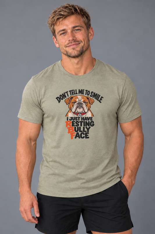 Hank wearing Resting Bully Face 2.0 Everyday T in Heather Olive