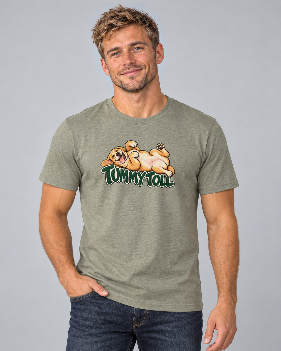 Hank wearing Tummy Toll Everyday T in Heather Olive