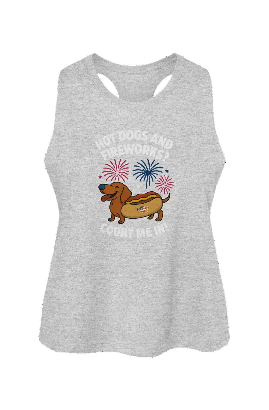 Hot Dogs and Fireworks crop tank in Athletic Heather
