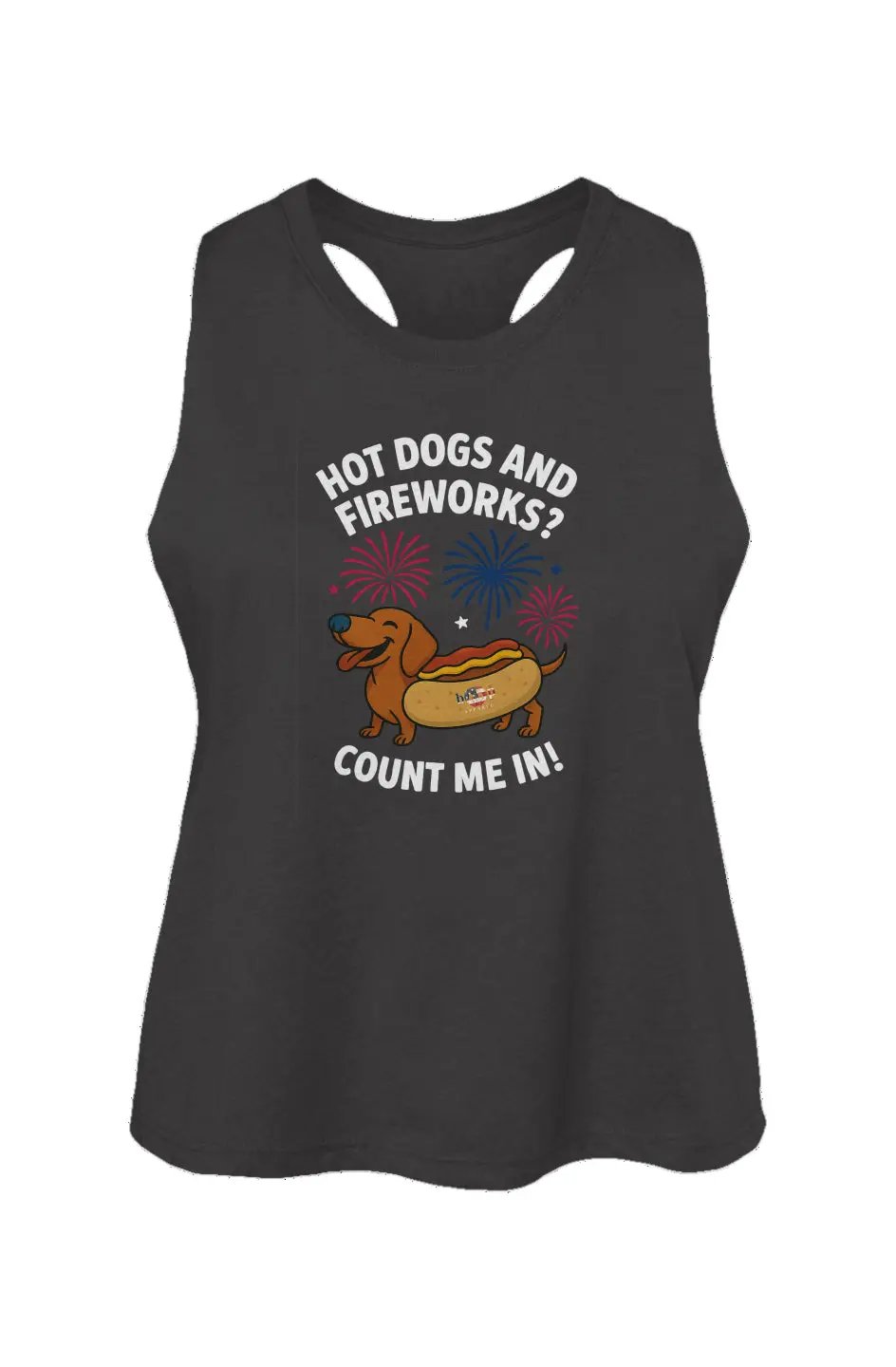 Hot Dogs and Fireworks crop tank in Dark Grey Heather