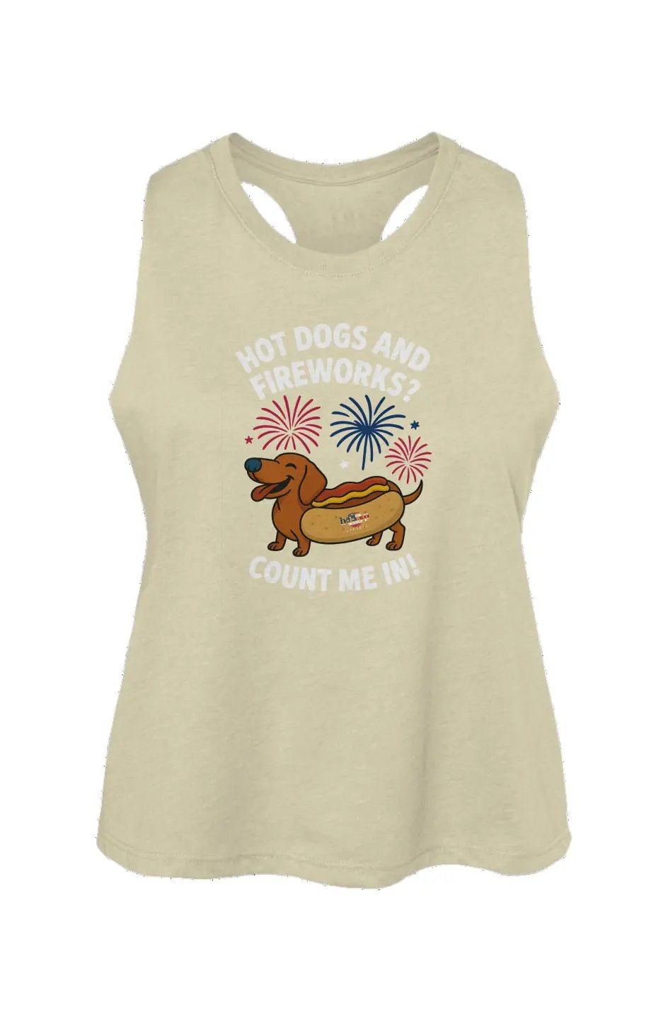 Hot Dogs and Fireworks crop tank in Heather French Vanilla