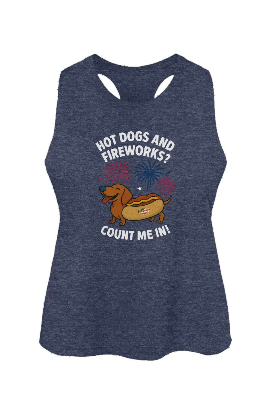 Hot Dogs and Fireworks crop tank in heather navy