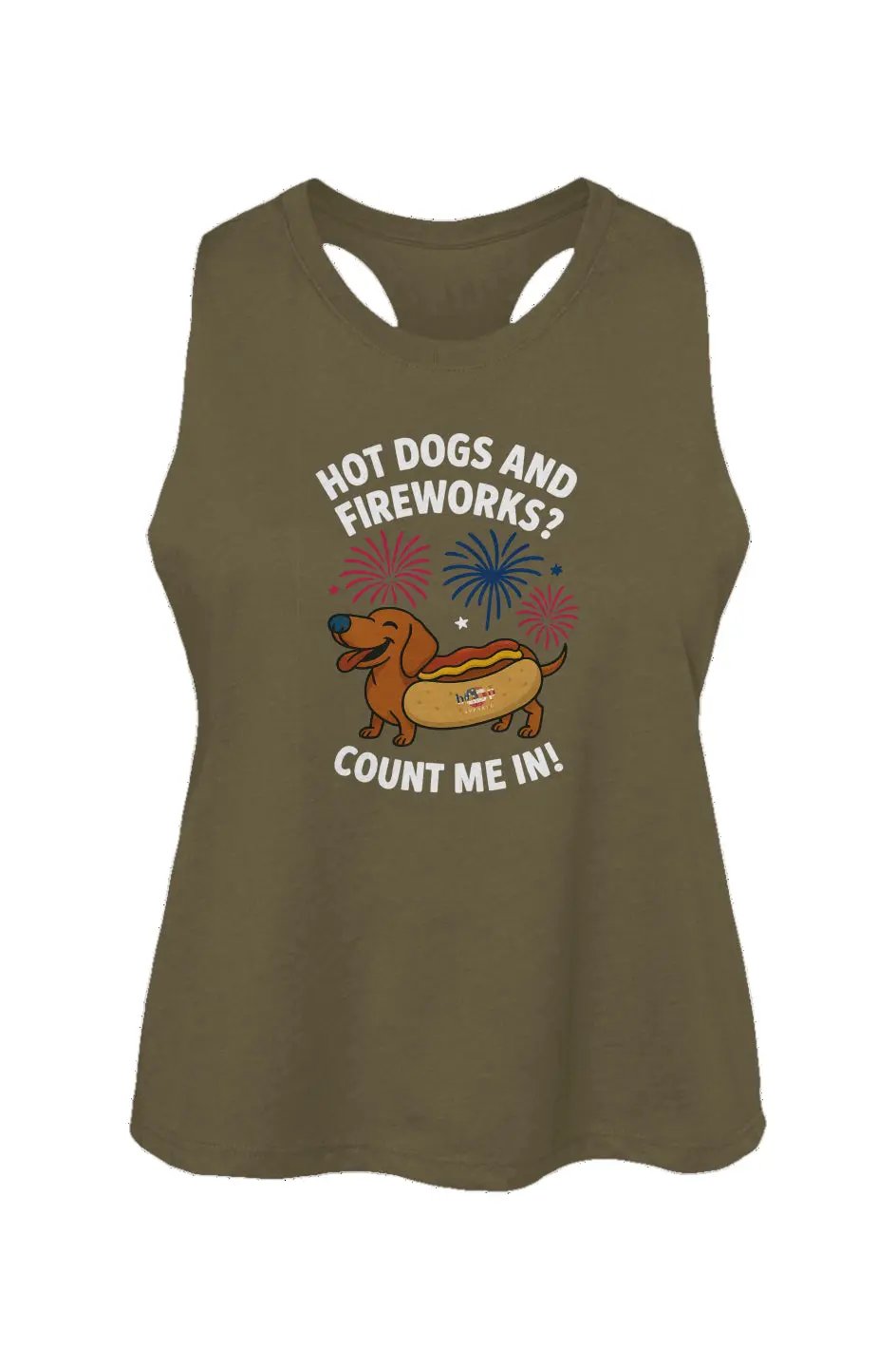 Hot Dogs and Fireworks crop tank in Heather Olive