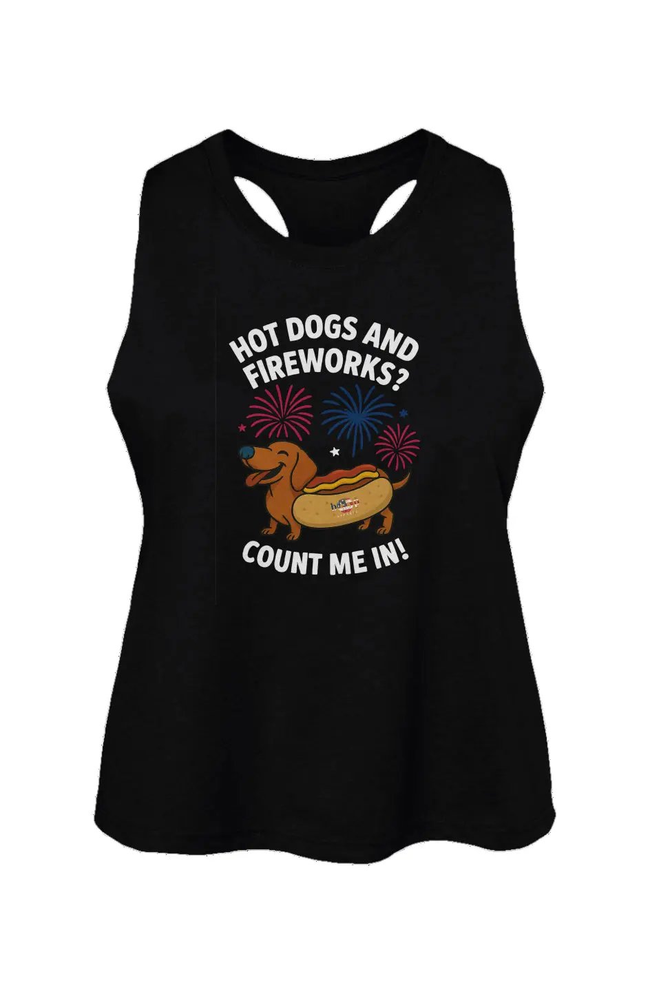 Hot Dogs and Fireworks crop tank in Solid Black Blend