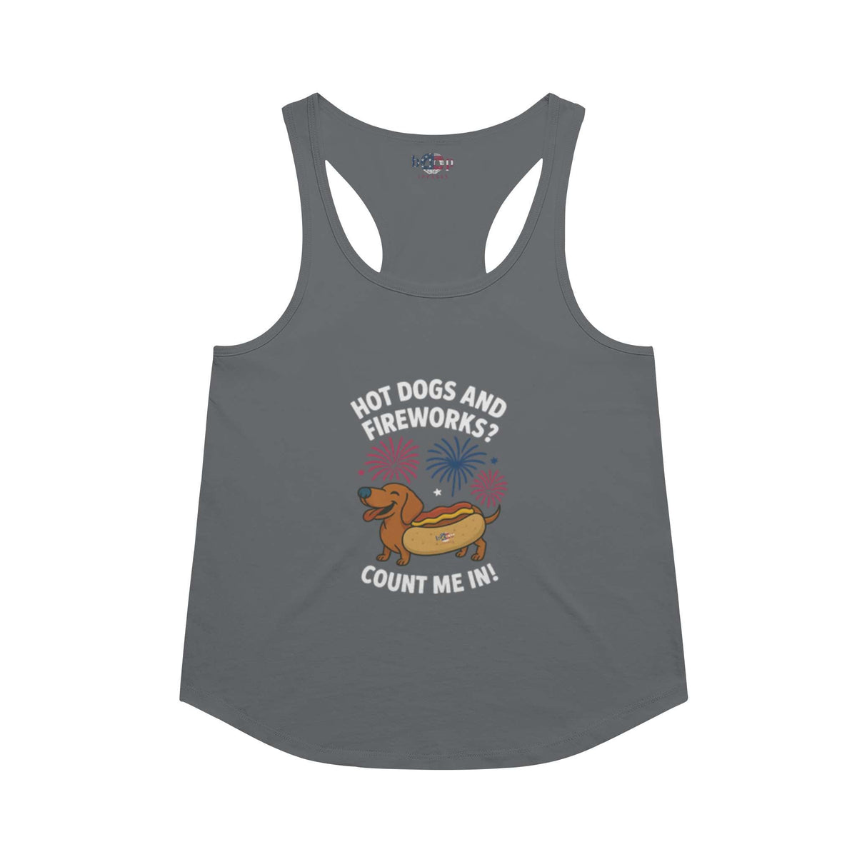 Hot Dogs and Fireworks racerback tank in Indigo