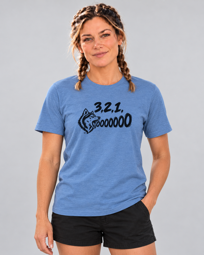 Ida wearing 3, 2, 1, AWOOOO! Everyday T in Heather Columbia Blue