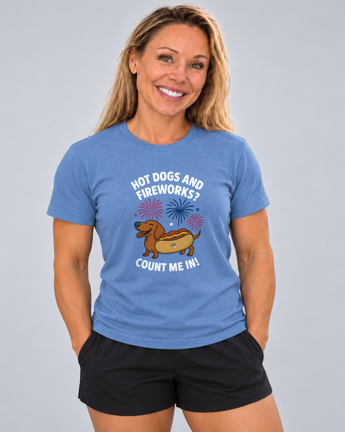 Meg wearing Hot Dogs and Fireworks Everyday T in Heather Columbia Blue