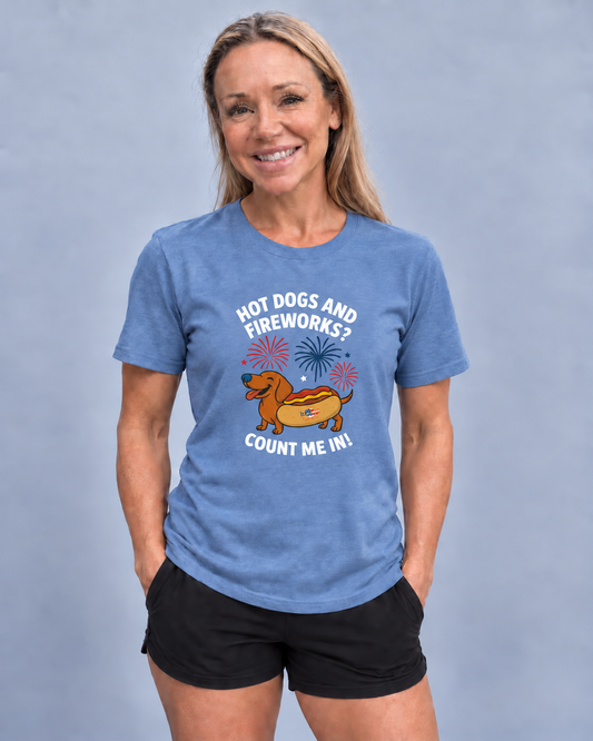 Meg wearing Hot Dogs and Fireworks Everyday T in Heather Columbia Blue