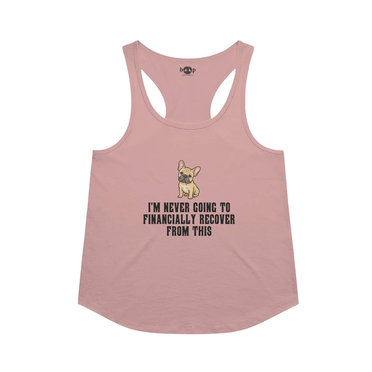 Never Financially Recover racerback tank in Desert Pink