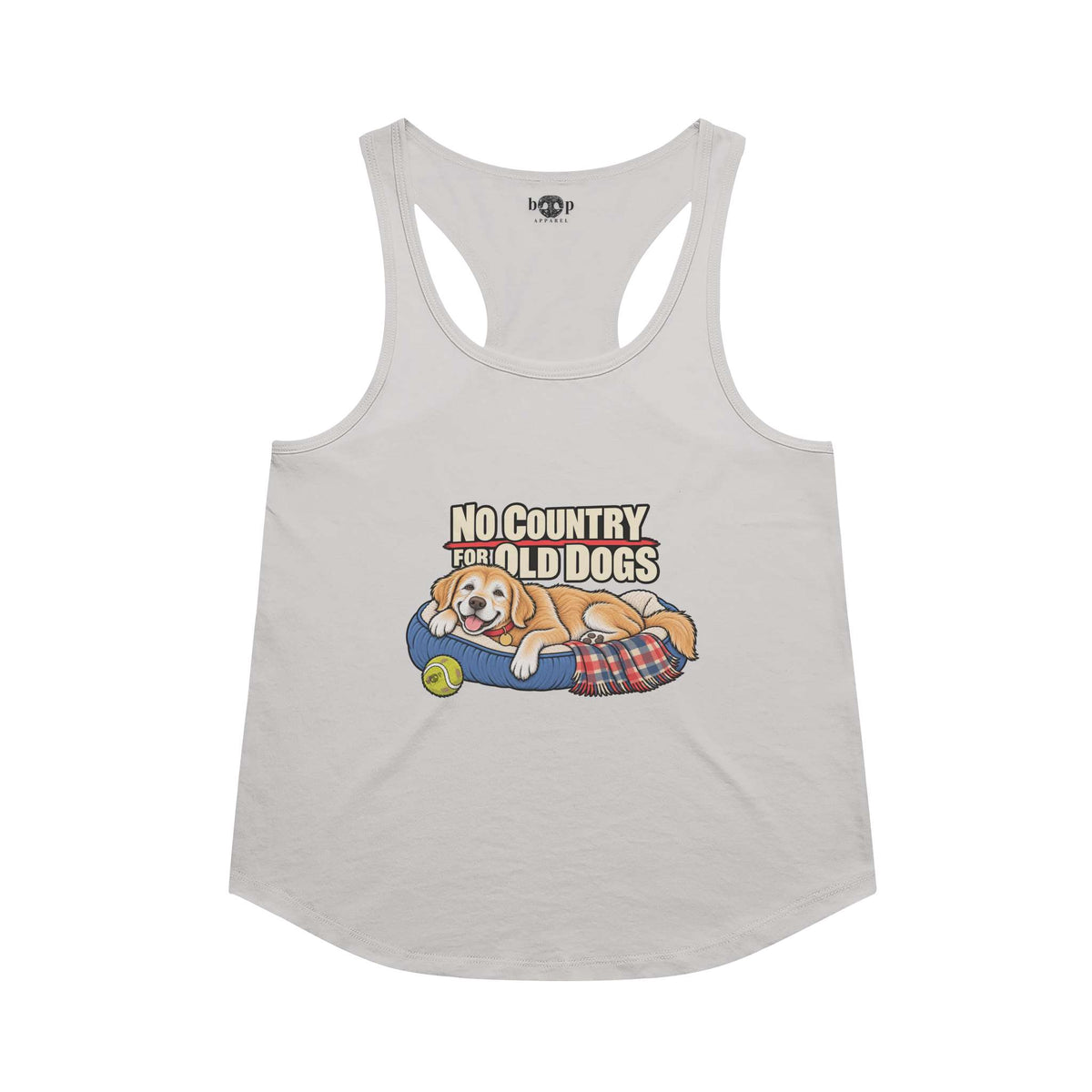 No Country for Old Dogs racerback tank in Heather White