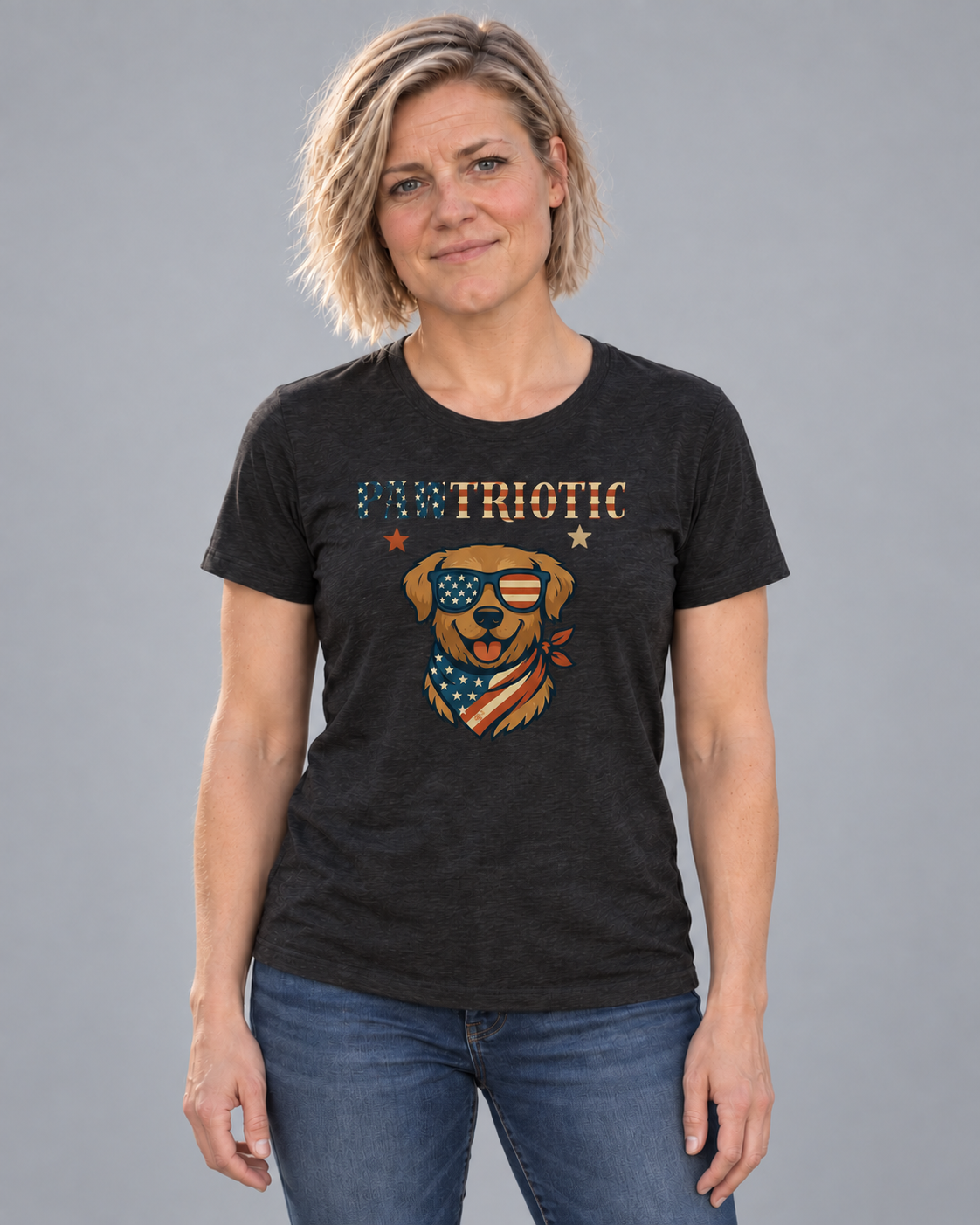 Cindy wearing Pawtriotic Everyday T in Black Heather